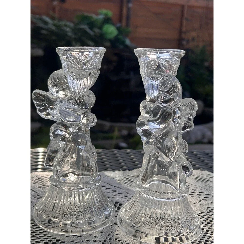 Vintage Clear Glass Angel Candle Holders Pair Praying Angel/ Cherub Candlsti
